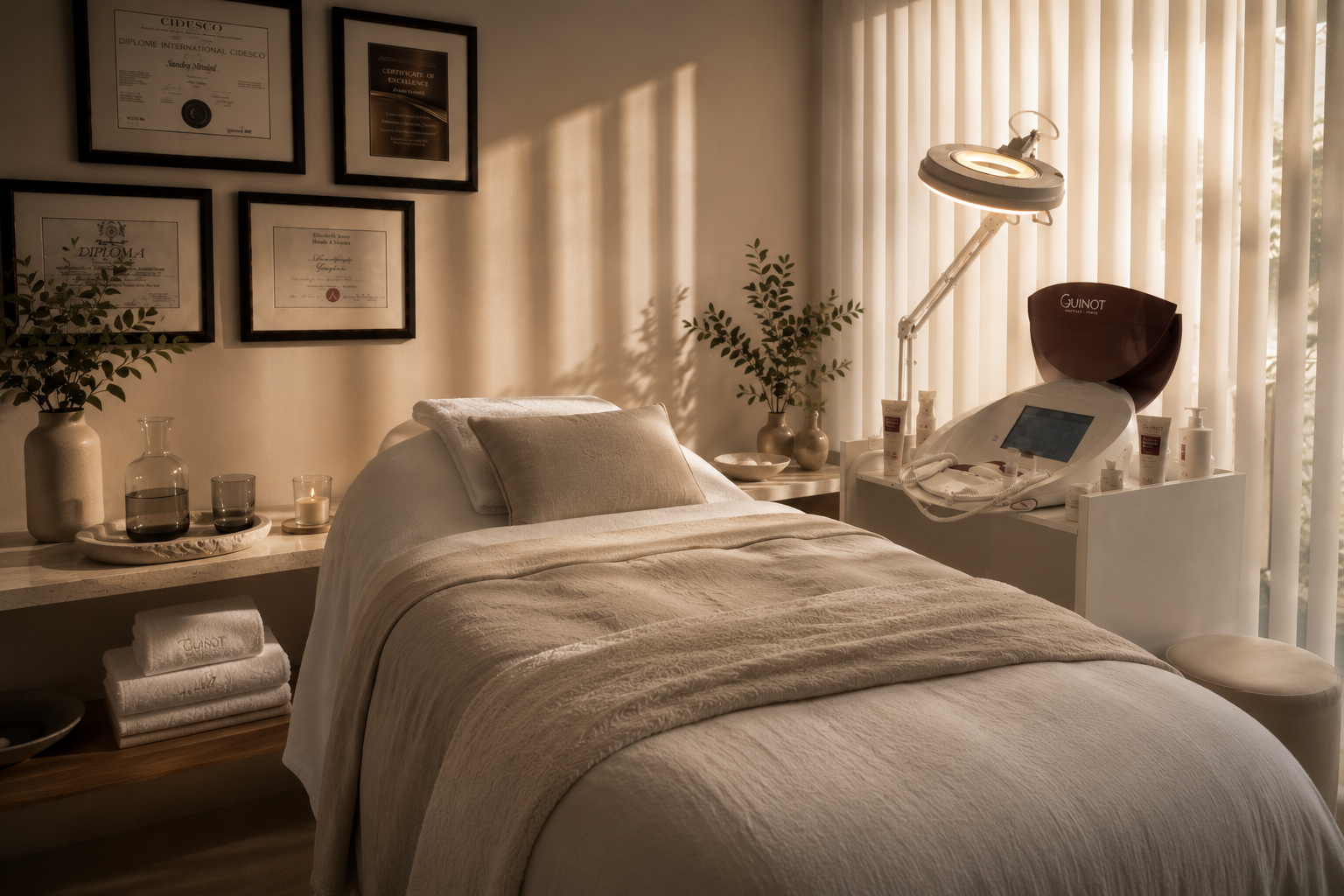 Sandra's treatment room in Die Wilgers, Pretoria, with a treatment bed, magnifying lamp, Guinot device, framed diplomas and soft natural light